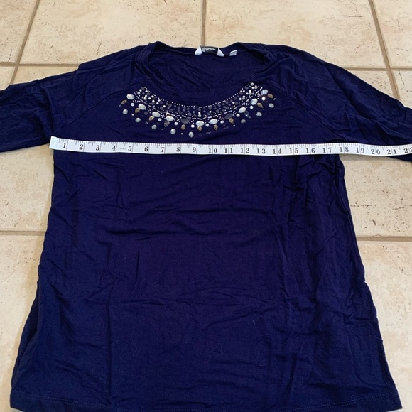 Reitmans Embellished Neckline Long Sleeve Top - Navy Blue - Size L - Picture 4 of 7